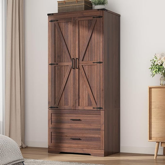Hlivelood 2 Doors Wardrobe Armoire Closet with Doors and Drawers, Farmhouse Wooden Armoire Storage Cabinet with Shelves & Hanging Rod for Bedroom, Brown