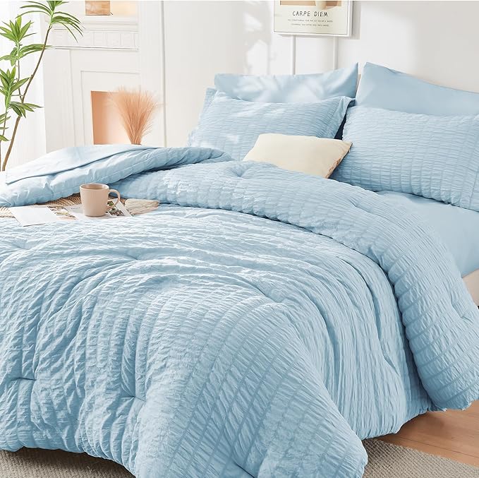 HYMOKEGE Lake Blue Duvet Cover Full Size, Ultra Soft 3-Piece Seersucker Duvet Cover Set with Zipper Closure, Soft Brushed Microfiber Bedding Set with 8 Corner Ties (80"x90", 2 Pillowshams)