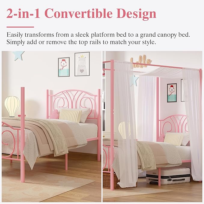 VECELO Metal Canopy Bed Frame Twin Size, 4 Posters Platform Mattress Foundation with Headboard, Heavy Duty Steel Slats Support, No Box Spring Needed, Pink