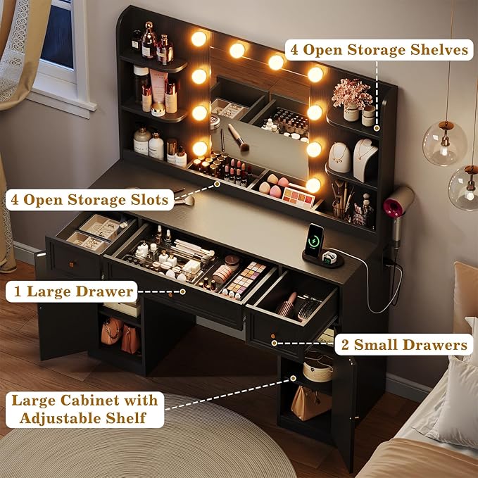 Memobarco Large Vanity Desk with Mirror and Lights, Makeup Vanity with Power Outlets, 3 Drawers and 2 Large Cabinets, 3 Lighting Modes Adjustable Brightness, Dressing Table for Women Girls, Black