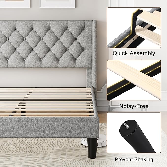 Einhomn Queen Size Platform Bed Frame with Fabric Upholstered Wingback Headboard, 9" Under Bed Space, Wooden & Metal Slats Support, No Box Spring Needed, Light Gray