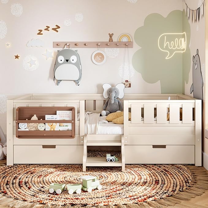 Bellemave Twin Size Kids Montessori Bed with Stairs and Bookshelf,Solid Wood Twin Size Kids Bed Frame with Drawers and Storage for Girls Boys,Low-Profile,Beige