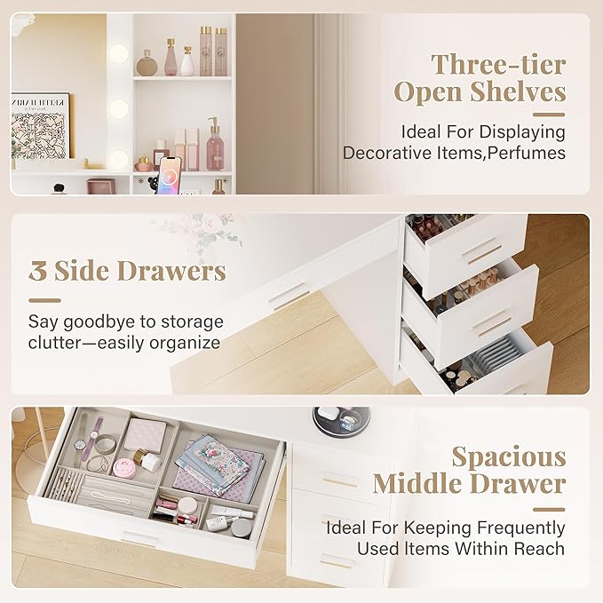 JUMMICO 39" Vanity Desk with Mirror & Power Outlet, 10 Lights, Makeup Vanity Table with 4 Large Drawers and 3 Storage Shelves, 3 Model Adjustable Lights for Bedroom & Dressing Room (White)