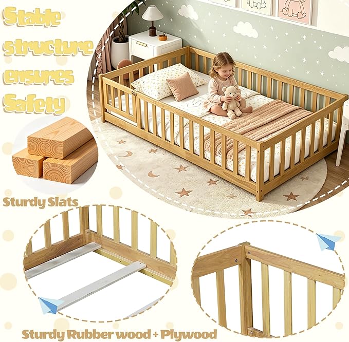Bellemave Montessori Twin Floor Bed Frame with Fence and Removable Door, Low Profile Twin Size Montessori Bed Frame for Kids, Solid Wooden Floor Beds for Bedroom,Nursery, Natural