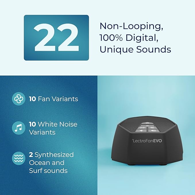 Adaptive Sound Technologies LectroFan EVO - Non-Looping Sound Machine for Sleep - Soothing Noise - Convenient Sleep Timer - Lightweight Build - USB-Powered - Charcoal