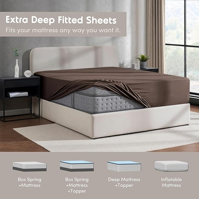 Nestl 2 Pack Chocolate Brown Fitted Sheet Extra Deep Pocket, Hotel Luxury FullFitted Sheet Only Easily Fits 18 to 24 Inch Mattress, Super Soft, Wrinkle-Free and Breathable with Corner Straps