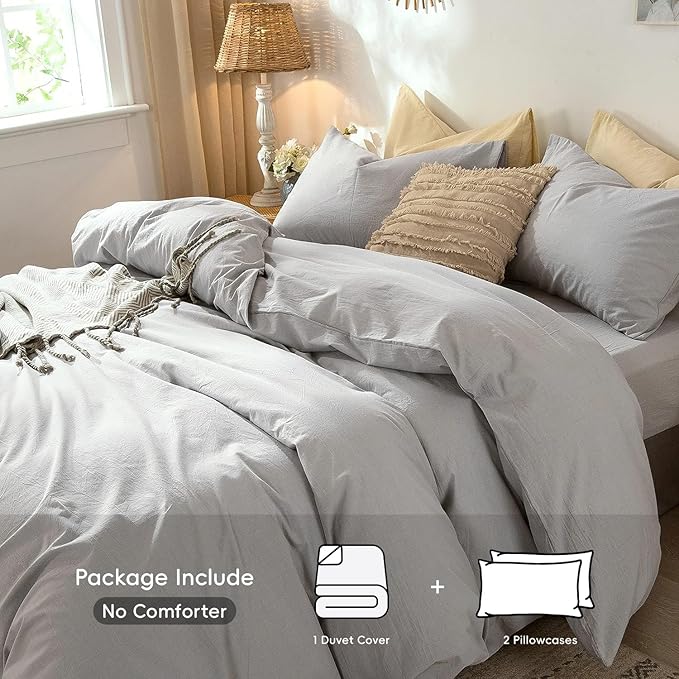 MooMee Bedding Duvet Cover Set 100% Washed Cotton Linen Like Textured Breathable Durable Soft Comfy (Lavender Grey, King)
