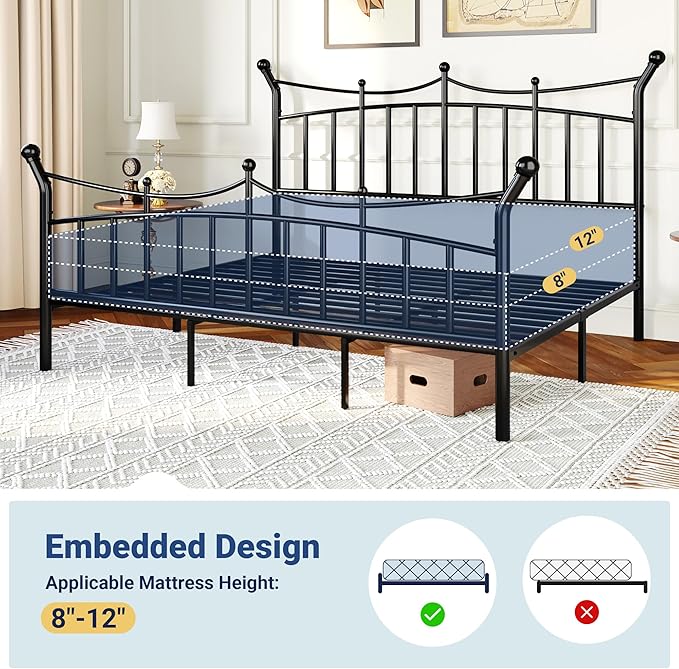 Allewie 14 Inches King Size Metal Platform Bed Frame with Elegant Crown Headboard & Footboard, Sturdy Mattress Foundation with Under-Bed Storage, Easy Assembly, No Box Spring Needed, Black