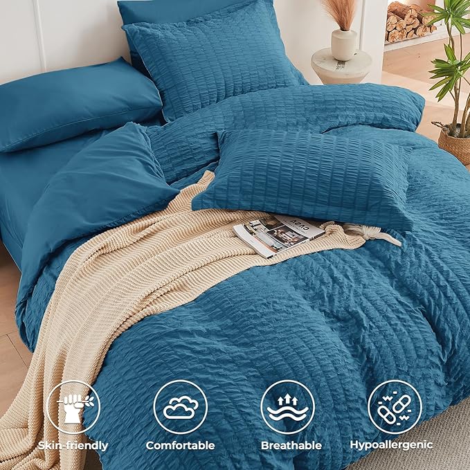 HYMOKEGE Teal Queen Comforter Set Seersucker 7 Pieces, All Season Luxury Bed in a Bag for Bedroom, Bedding Set with Comforters, Sheets, Pillowcases & Shams