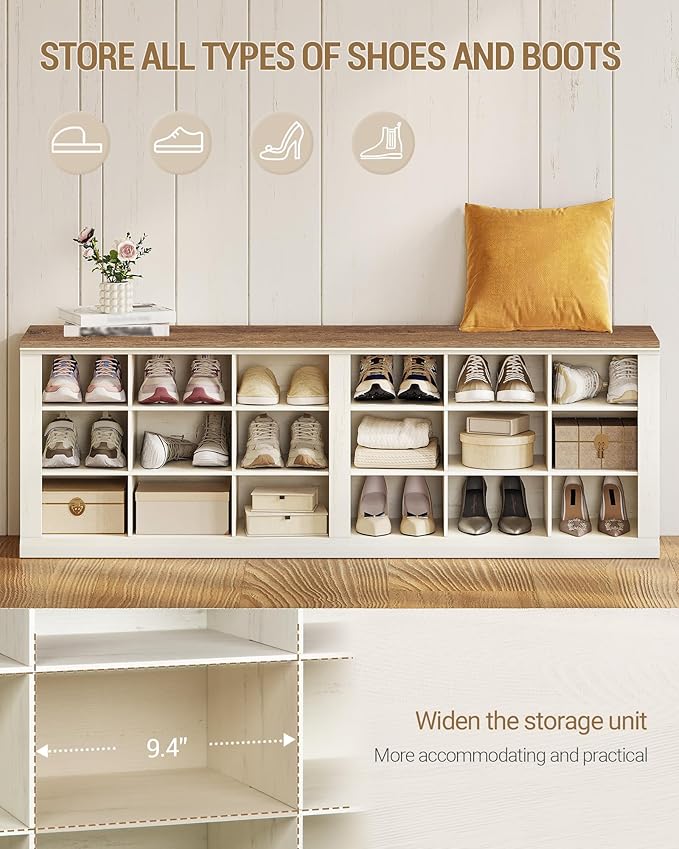 Hzuaneri Farmhouse Shoe Storage Bench, Entryway Shoe Cubby Bench, Widened Wooden Shoes Cubbies with Compartments, Shoes Rack Benchs for Cloakroom, Entryway, Antique White SB54514X