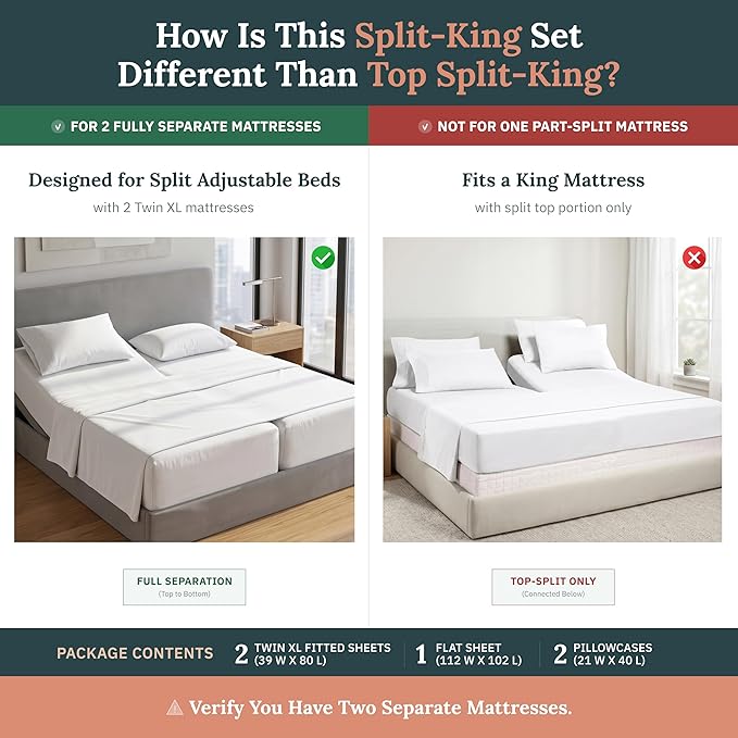 California Design Den Split King Sheets for Adjustable Bed - Buttery Soft 800 Thread Count, 100% Cotton Set, Sateen Bedding Set, Durable Twin XL Fitted Sheets - Light Grey