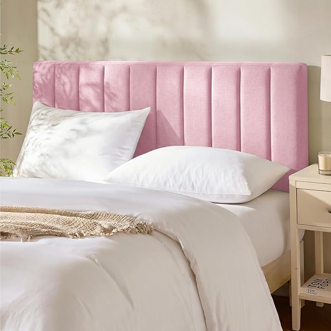 Hearth & Harbor Upholstered Full Headboard - Easy Assemble Channel Stitched Headboard Full Size - Wall Mounted Headboards with 3D Soundproof Wall Panels Peel & Stick Floating Headboards, Pink