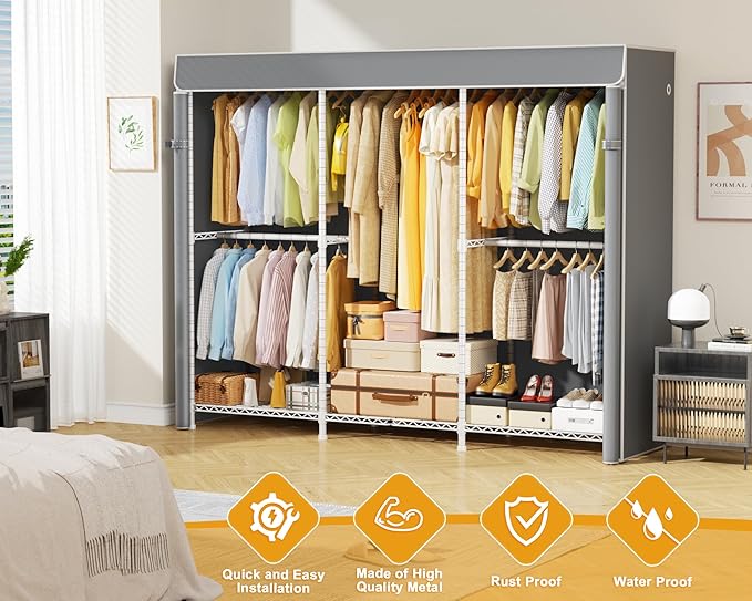 ULIFHOME E14C Pro Heavy Duty Closet Organizer System，Freestanding Clothing Racks for Hanging Clothes，Adjustable Garment Rack 70.1"W × 16.6"D × 76.4"H Hold 960 lbs，White Rack with Grey Dustproof Cover