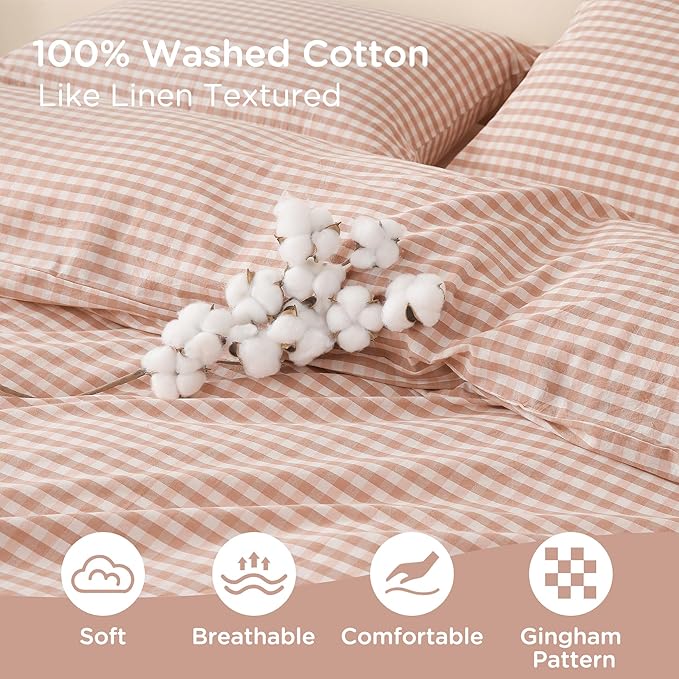 TOCOMOA Pink Tan Gingham Duvet Cover Bedding Set 100% Washed Cotton Like Linen Feel Super Soft Comfy 3 Piece Vintage Plaid Checkered Fall Comforter Cover Set (Full 80"x90", Comforter Not Included)
