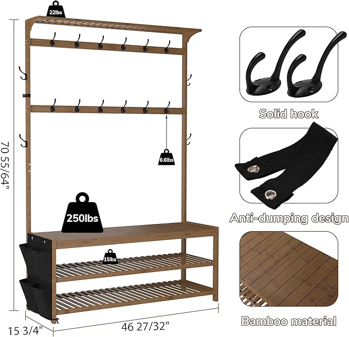 AMBIRD 6-in-1 Bamboo Hall Tree with Shoe Storage, Entryway Organizer Shoe Bench with 16 Coat Hooks and Cloth Bag, Sturdy Bamboo Storage Bench, 46 * 15 * 70 inches Brown