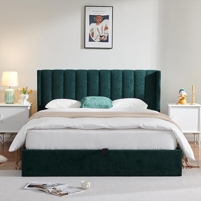 YUHUASHI Queen Size Hydraulic Storage Bed, Upholstered Platform Bed Frame, Modern Wingback Design Headboard, Velvet Fabric with Hydraulic Support Bars, No Box Spring Required (Ink Green, Queen)