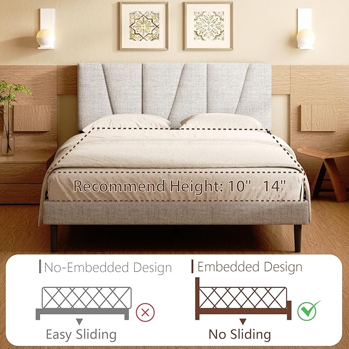 Full Size Bed Frame, Linen Upholstered Platform Bed with Headboard, Strong Wooden Slats Support, Noise-Free Mattress Foundation, No Box Spring Needed, Easy Assembly, Light Grey
