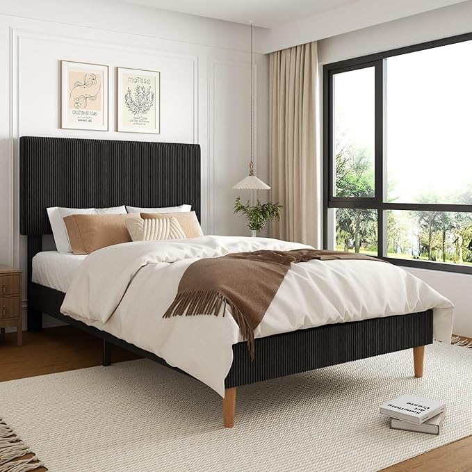 Full Size Bed Frame, Upholstered Platform Bed with Adjustable Headboard, Vertical Fluted Tufted, Soft Corduroy Fabric, Wooden Slats Support, No Box Spring Needed, Easy Assembly, Black
