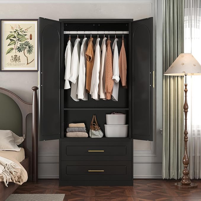 Metal Wardrobe Cabinets with Drawers,Black Armoire Wardrobe Closet with Hanging Rod,Clothes Storage Cabinet with Adjustable Shelves and Doors,Clothing Cabinet for Bedroom, Office, Laundry Room