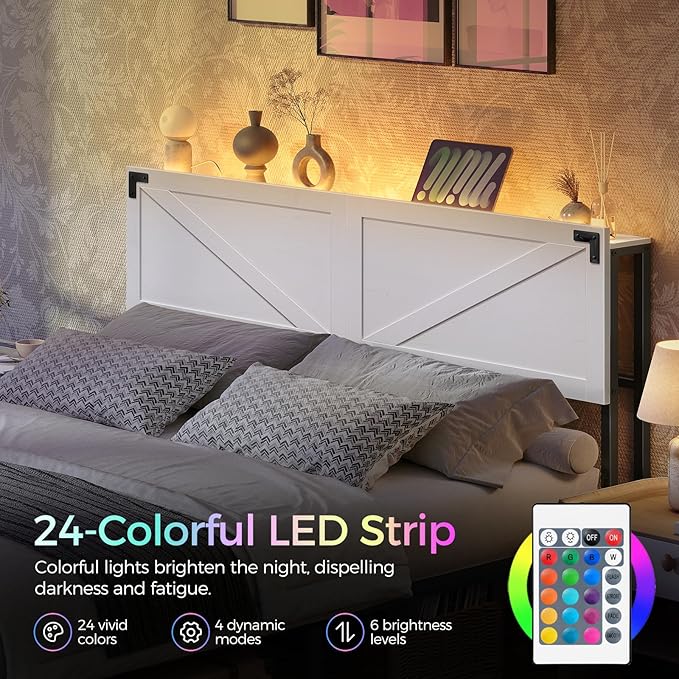 MAHANCRIS Queen Size Headboard Only, Headboard with 2 Outlets and 2 USB Ports, Farmhouse Headboard, with LED Lights, Secure Storage with Raised Fence, with Bed Frame Adapter, White and Black