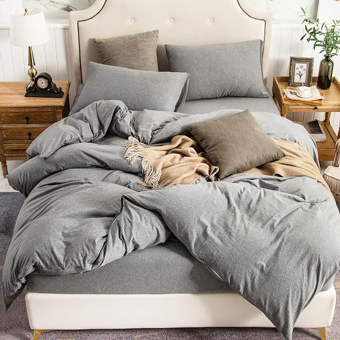 PURE ERA Jersey Knit Duvet Cover Set 100% T-Shirt Cotton Super Soft Comfy 3pc Bedding Set with Zipper Closure (Heather Dark Grey,Queen)