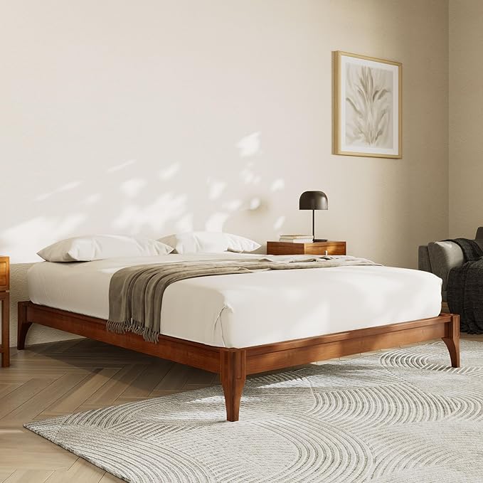 Merax King Size Bamboo Platform Bed, Mid-Century Modern Bed Frame with Wood Slat Support, No Box Spring Needed, Easy Tool-Free Assembly, Brown