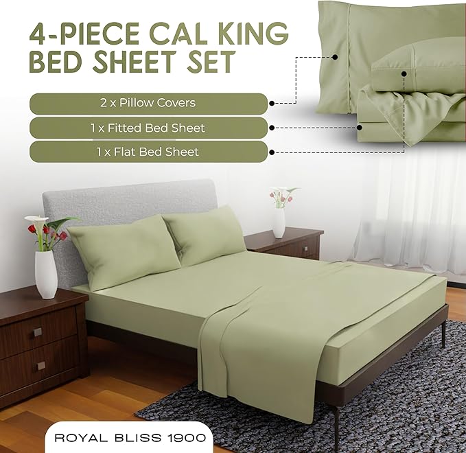 California King Sheet Sets – 4Pcs Cal King Bedding Set, Deep Pocket, Double Brushed Microfiber, Fade Resistant, Soft & Breathable Bed Sheets for Ultimate Comfort(Sage)