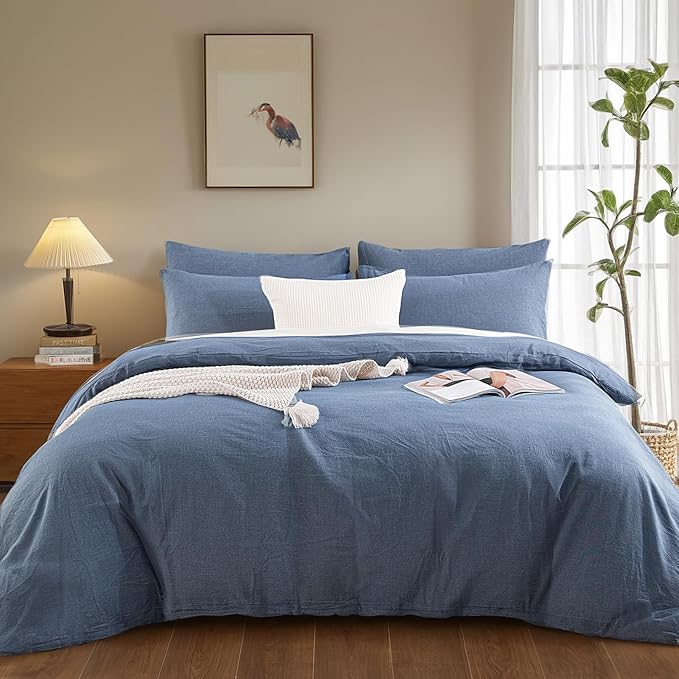 NEXHOME PRO Duvet Cover Set Linen Feel Textured Organic Natural 100% Washed Cotton Duvet Cover Bedding Set with Zipper Closure, Breathable(No Comforter)