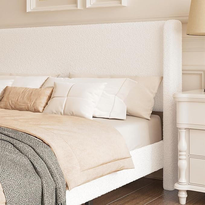 Full Boucle Upholstered Platform Bed Frame with Adjustable Wingback Headboard, Cloud Bed with Solid Wood Legs, No Box Spring Needed, Easy Assembly, White