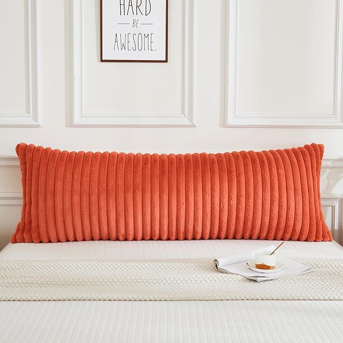 JAUXIO Faux Fur Fluffy Body Pillow Cover Luxury Textured Vertical Stripe Plush Decorative Body Pillowcase, Ultra Soft and Cozy Zipper Closure 21 x 54 Inches, Coral Orange