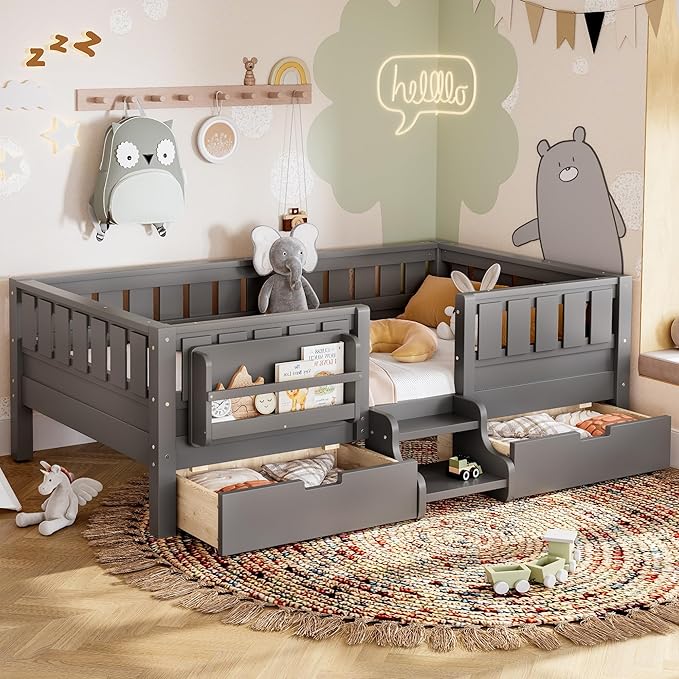 Bellemave Twin Size Kids Montessori Bed with Stairs and Bookshelf,Solid Wood Twin Size Kids Bed Frame with Drawers and Storage for Girls Boys,Low-Profile,Gray