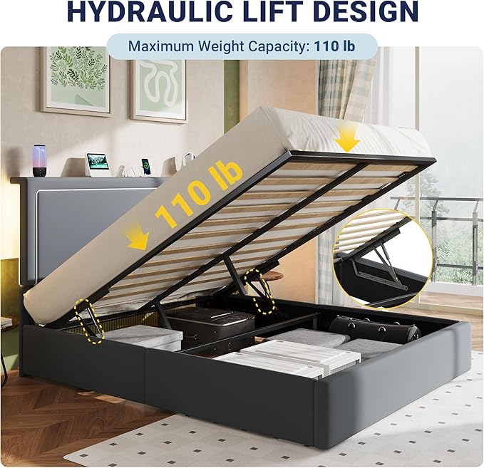Allewie Queen Size Lift Up Storage Bed Frame with Charging Station & LED Lights, Adjustable Velvet Upholstered Storage Headboard, Type-C & USB Ports, Hydraulic Support, No Box Spring Needed, Grey