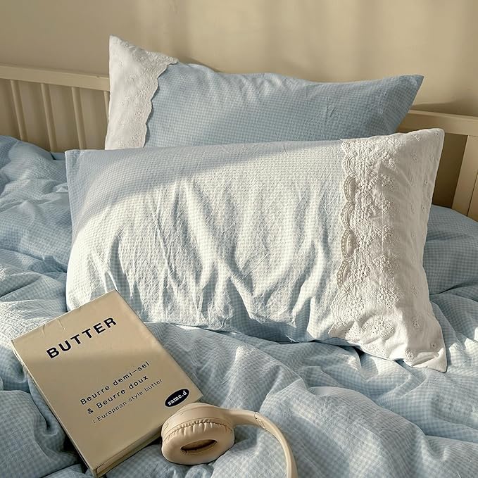 mixinni Blue White Gingham Duvet Cover Twin XL Size - 3 Piece Cottagecore Plaid Bedding Set with Lace Trim, Soft Washed Microfiber Vintage Aesthetic Grid Comforter Cover & Pillow Shams