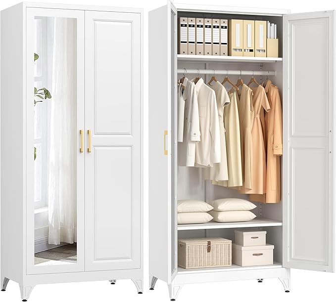 Polup Metal Armoire Wardrobe Closet with Mirror, 71" Tall Steel Clothing Storage Cabinet with 2 Doors, Hanging Rod and Adjustable Shelves, Freestanding Clothes Organizer for Bedroom, Office, White
