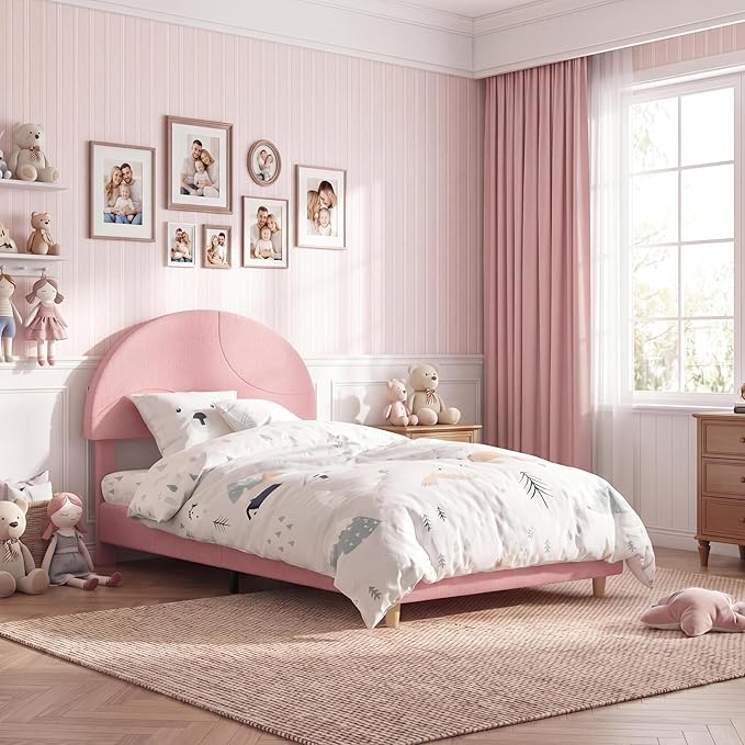 Garvee Twin Bed Frame with Round Boucle Headboard, Upholstered Arch-Shaped Design in Soft Pink, Modern Bed with Wooden Slats, No Box Spring Required and Easy Assembly