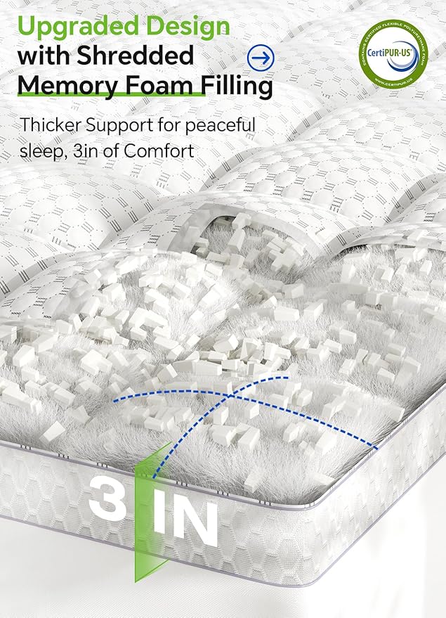 BEDELITE King Mattress Topper 3 Inch Thick Mattress Pad, Plush Pillow Top Bed Cover with Elastic Deep Pockets Up to 6-24 Inch for Pressure Relief, Shredded Memory Foam Filling (White)