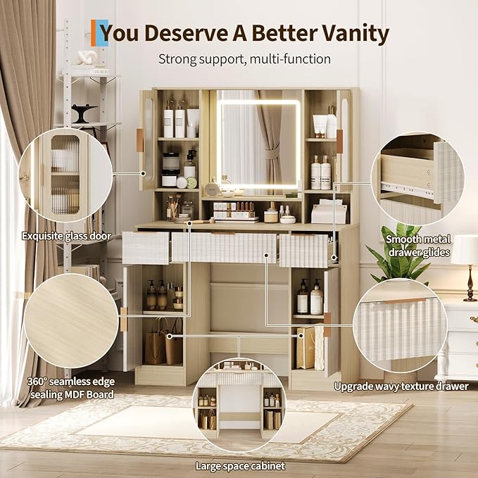 Garvee Vanity Desk with Mirror and Light, Modern Makeup Dressing Table with Adjustable 3 Colors Light, Vanities for Bedroom with 2 Glass Cabinet, 2 Large Cabinet, 3 Drawers & Storage Shelves, Natural