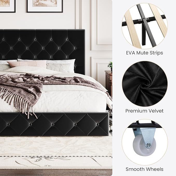 SHA CERLIN King Size Platform Bed Frame with 4 Oversized Storage Drawers, Adjustable Headboard with Velvet Upholstery, Diamond Button Tufted Design, Wooden Slat Support, No Box Spring Needed, Black