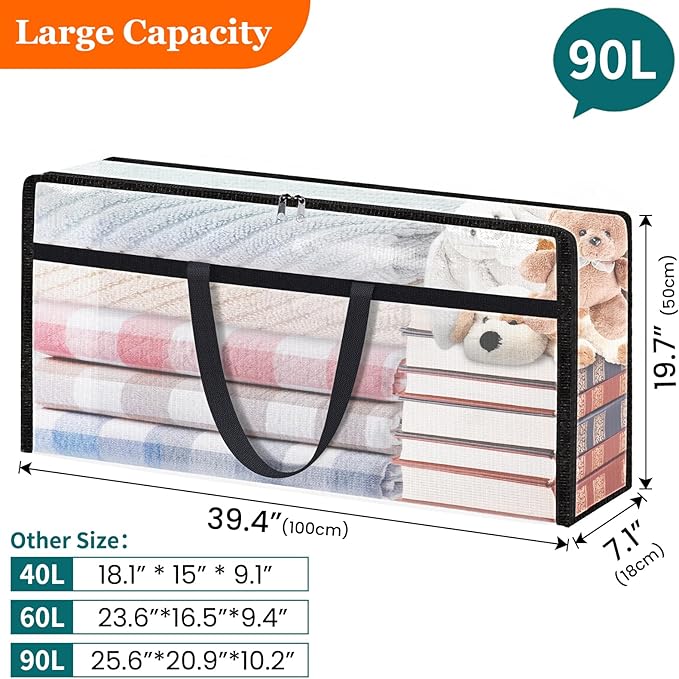 TasticTotes 8 Pack Long Clear Storage Bags for Comforter, Clothes & Bedding, Plastic Blanket Storage with Zipper and Handle, Moving Bags, Closet Organizer and Under-Bed Storage (90L, 39.4"*7.1"*19.7")