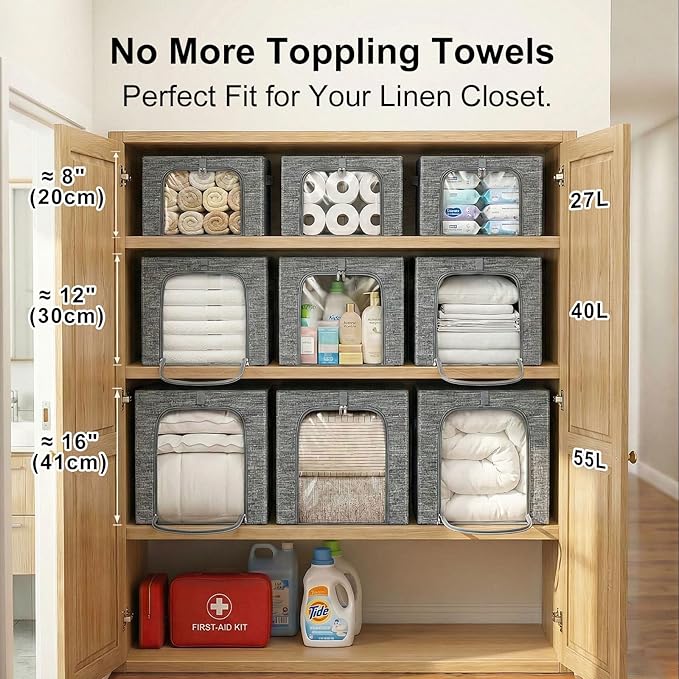 GoMaihe Clothes Storage Bins Metal Frame: 55L Extra Large Stackable Closet Storage Bin with Lid & Clear Window, Heavy Duty Blanket Box for Winter Coats Comforters (Fits Deep Closet 4-Pack)
