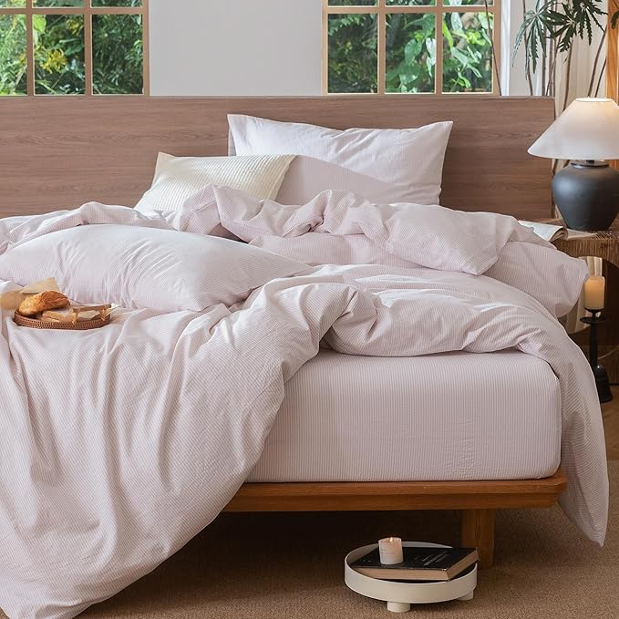 MooMee Striped Duvet Cover Set 100% Washed Cotton Linen Like Textured Breathable Durable Soft Comfy (Heathered Greyish Pink Pinstripes, Palatial King/Oversized King 120"x98")
