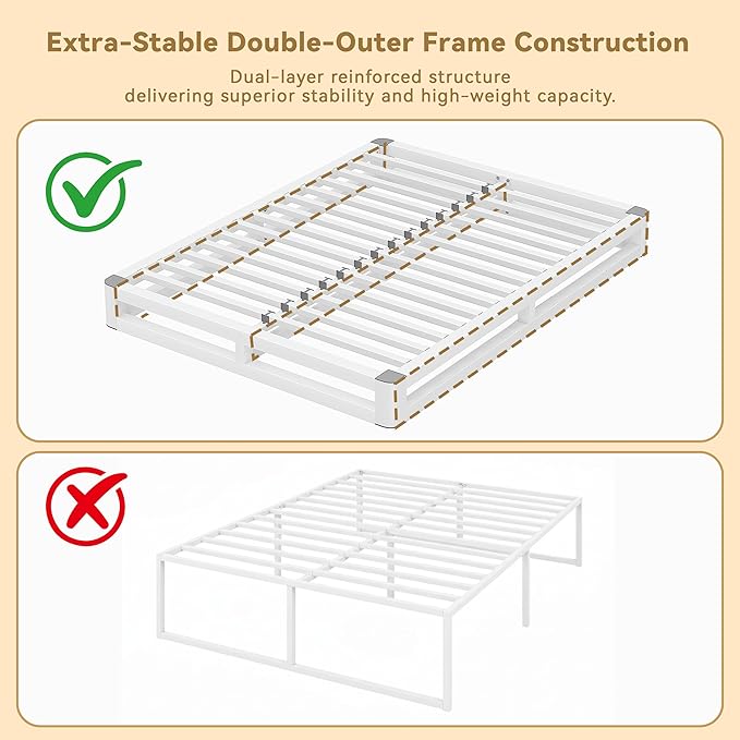 6 Inch Queen Bed Frame with Rounded Corner and Squeak Free U-Slot Design, Metal Platform Bed Frames 6 Non-Slip Guards, 3500lbs Heavy Duty Steel Slat Support, No Box Spring Needed, White