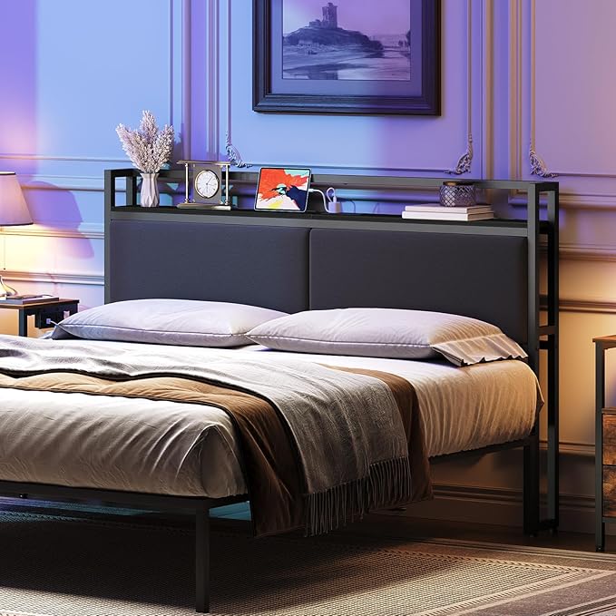 YATINEY Queen Size Headboard with Storage Shelves, Upholstered Headboard with Charging Station, Height Adjustable, Sturdy and Stable, Vintage Style, Black