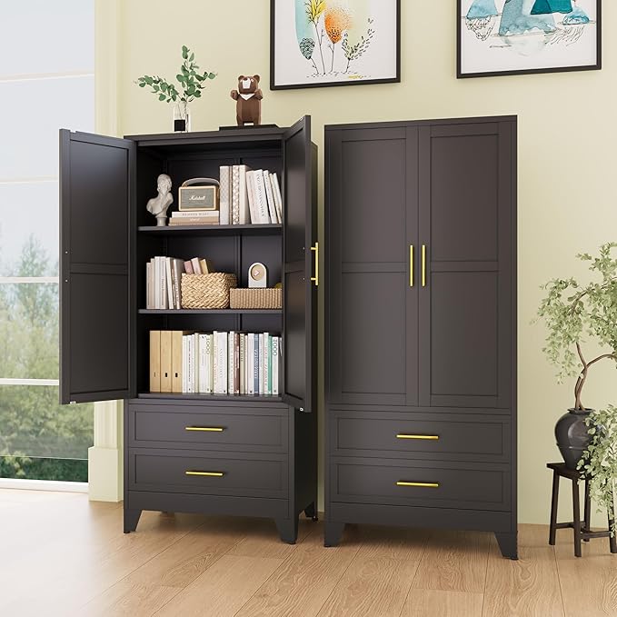 erosoei 71" H Metal Pantry Storage Cabinet,Office File Cabinets with 2 Drawers and Shelves, Kitchen Cupboard Storage Cabinet for Bedroom and Dinning Room（Black）