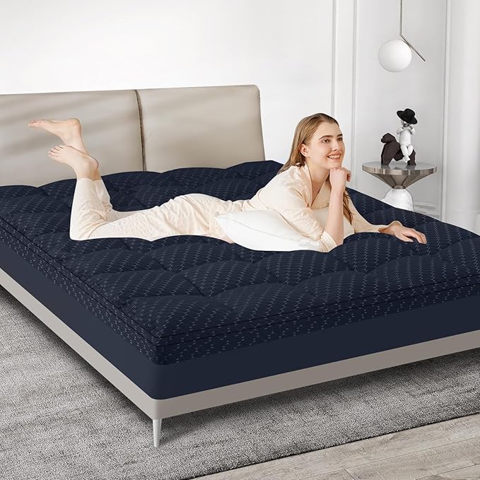Dual Layer 3 Inch Memory Foam Mattress Topper California King Size, 2 Inch Gel Memory Foam Plus 1 Inch Cooling Pillow Top Mattress Pad Cover, with 8-21 Inch Deep Pocket, Navy Blue