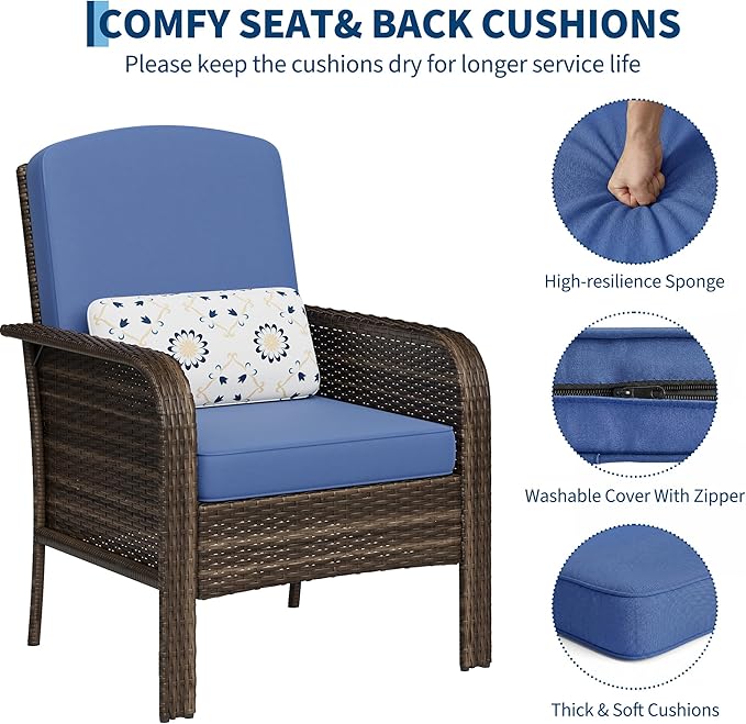 GarveeHome Outdoor Wicker Chairs Set of 2, All-Weather High Back Rattan Patio Furniture, 2-Piece Conversation Set with Comfy Cushions for Porch, Deck, Brown, Blue Cushion