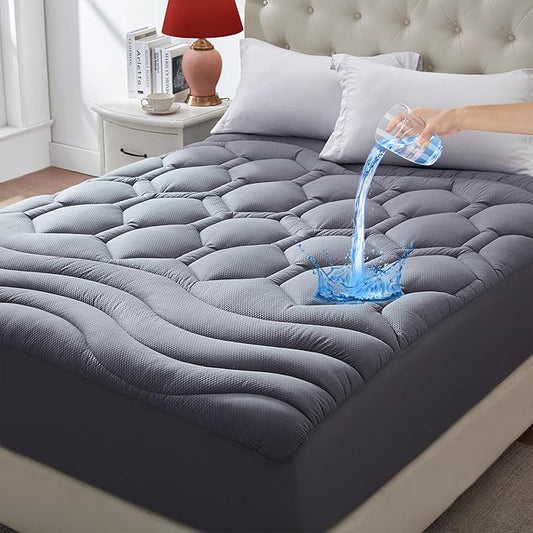 ELVEN HOME Full Size Mattress Pad Waterproof, Cooling Mattress Topper for Double Bed, Pillow Top Quilted Fitted Mattress Protector Cover with 8-21" Deep Pocket (54x75 inch, Grey)