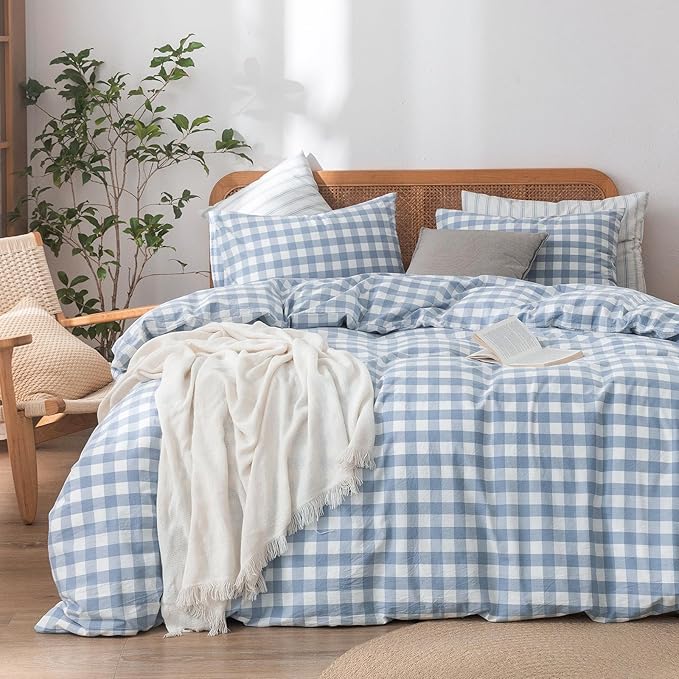 BESTOUCH Duvet Cover Set 100% Washed Cotton Linen Feel Super Soft Comfortable Chic Lightweight 3 PCs Home Bedding Set Cornflower Blue & White Grid Queen