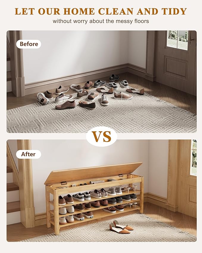 IUNVR Shoe Rack Bench Seat Rubberwood 3-Tier Wooden Storage Bench 550lbs Compact Mid-Century Modern Design for Entryway, Hallway, Closet, Front Door Entrance, Foyer