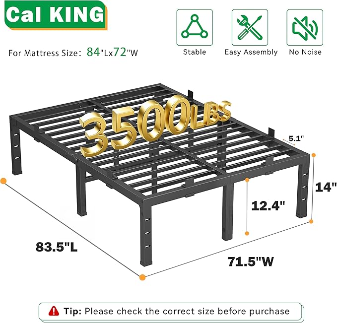 14 Inch Cal King Bed Frames, Heavy Duty Metal California Platform 3500 lbs Capacity, No Box Spring Needed, 6 Mattress Slide Stopper, Headboard Holes, Noise-Free, Easy Assembly
